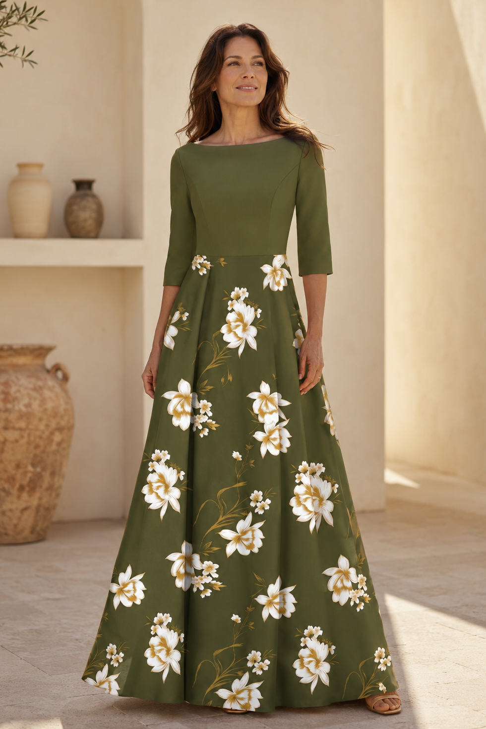 Abendkleid mit Blumenmuster, U-Boot-Ausschnitt und A-Linie