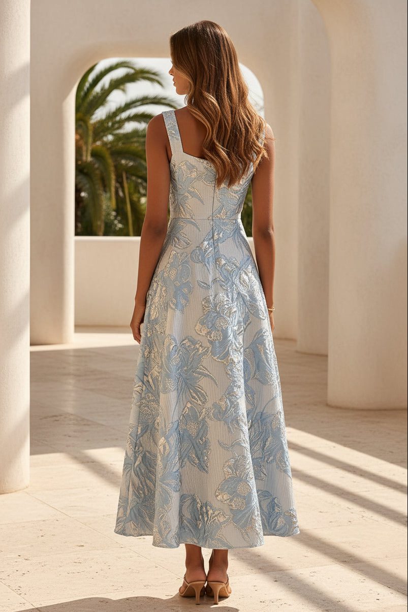 Geblümtes Jacquard-Midikleid mit eckigem Ausschnitt