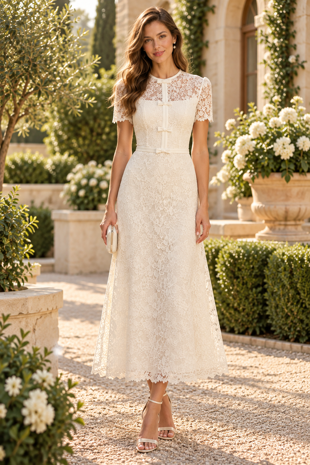 Lace Short Sleeve A-Line Tea-Length Dress