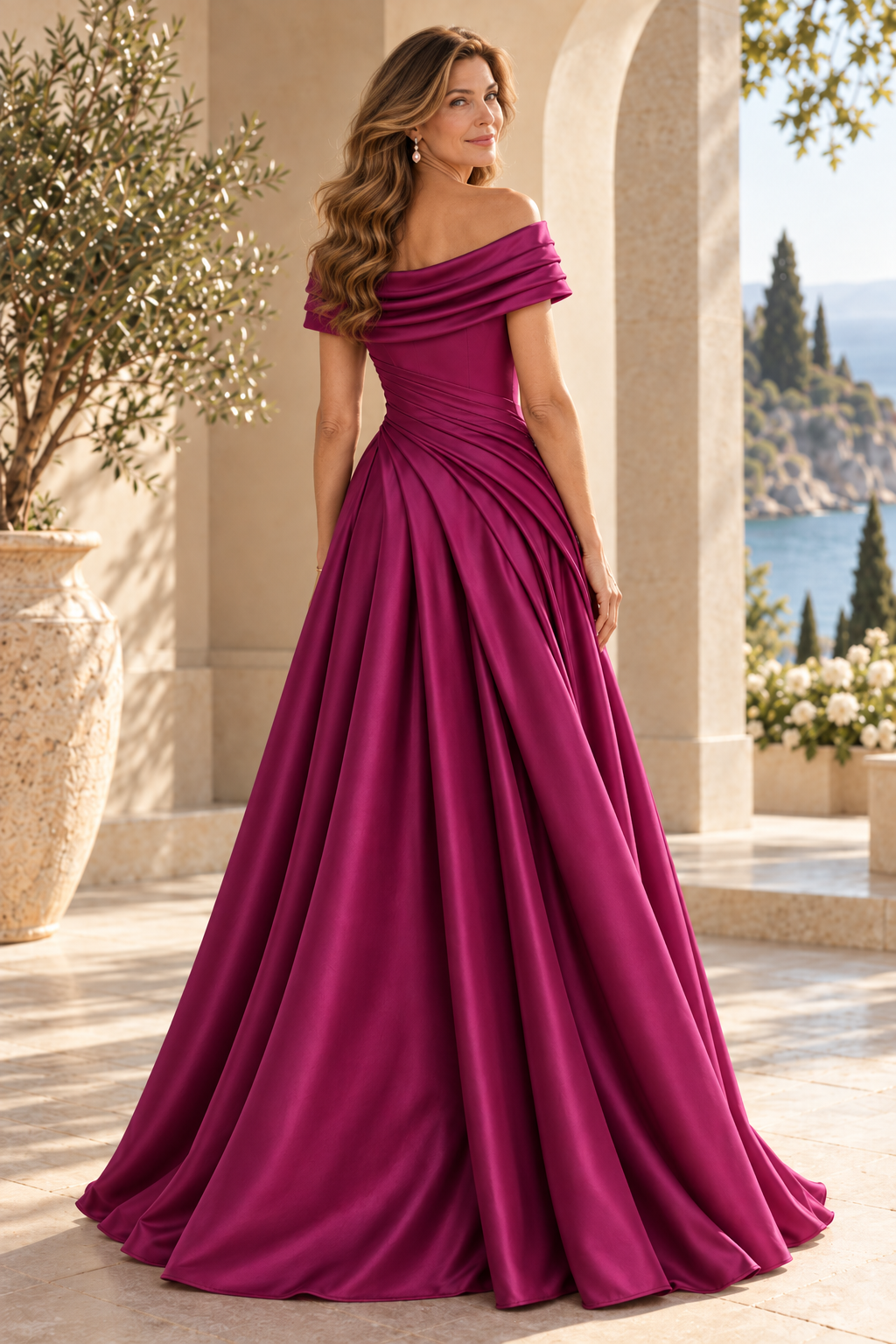 Off-the-Shoulder Pleated Satin A-Line Gown