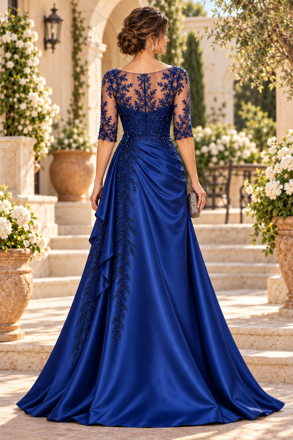 Embroidered Illusion Evening Gown with Draped Skirt