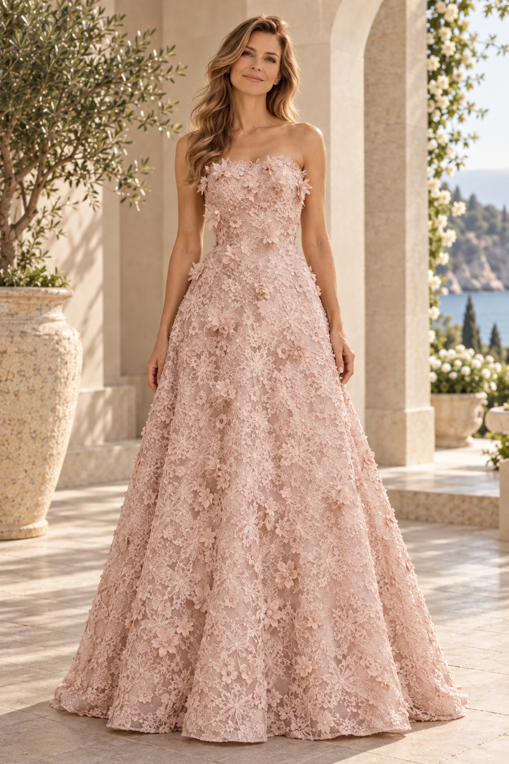 Strapless 3D Floral Lace A-Line Evening Gown