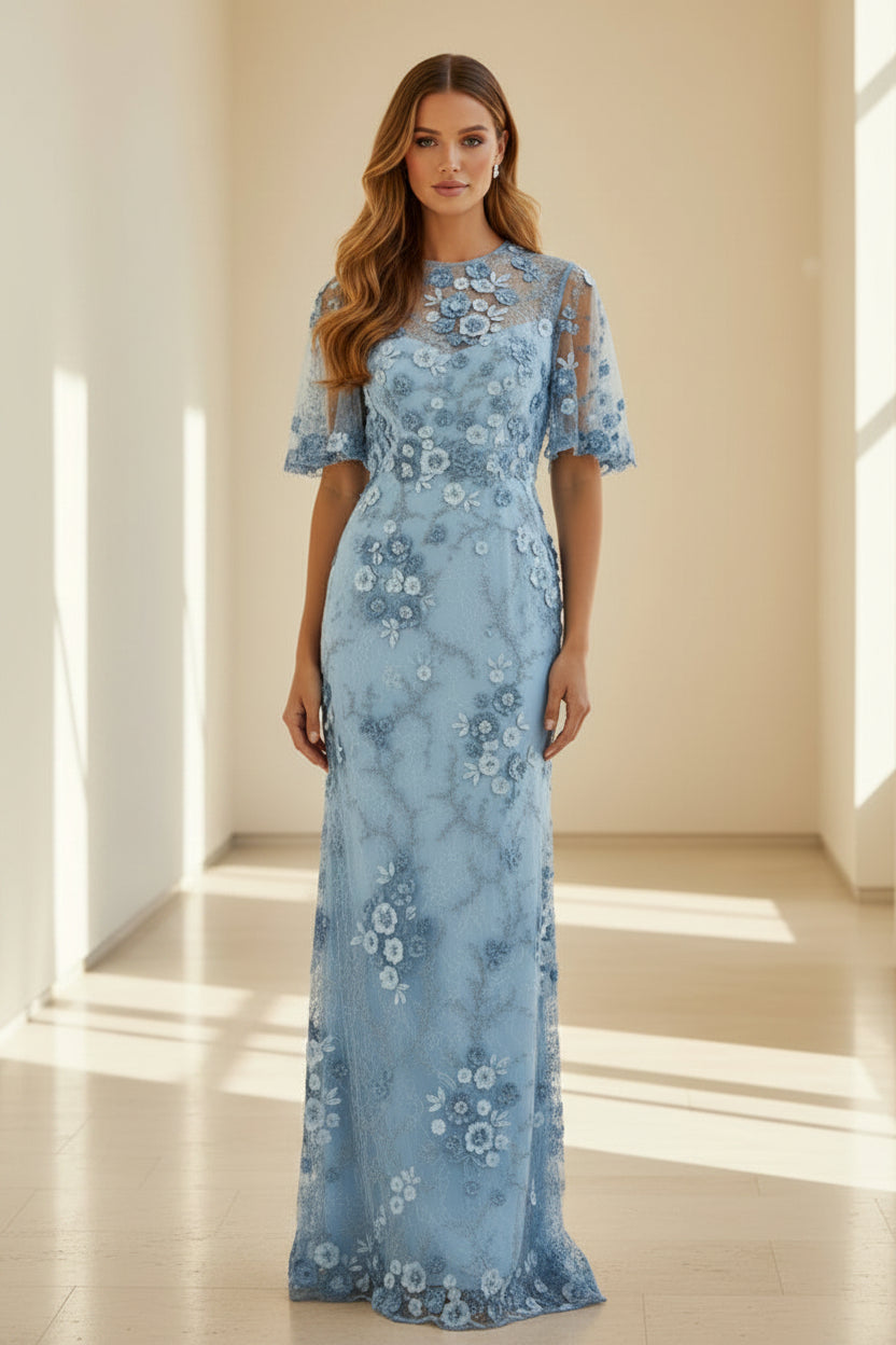 Abendkleid mit 3D-Blumenapplikationen und Flügärmeln