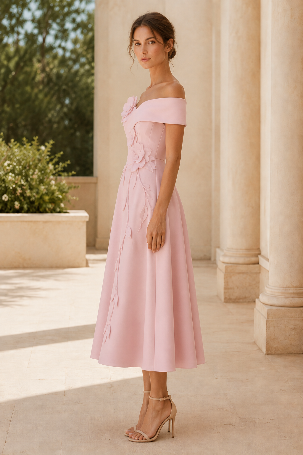 Carmen Midi-Kleid mit Blumenapplikationen in A-Linie
