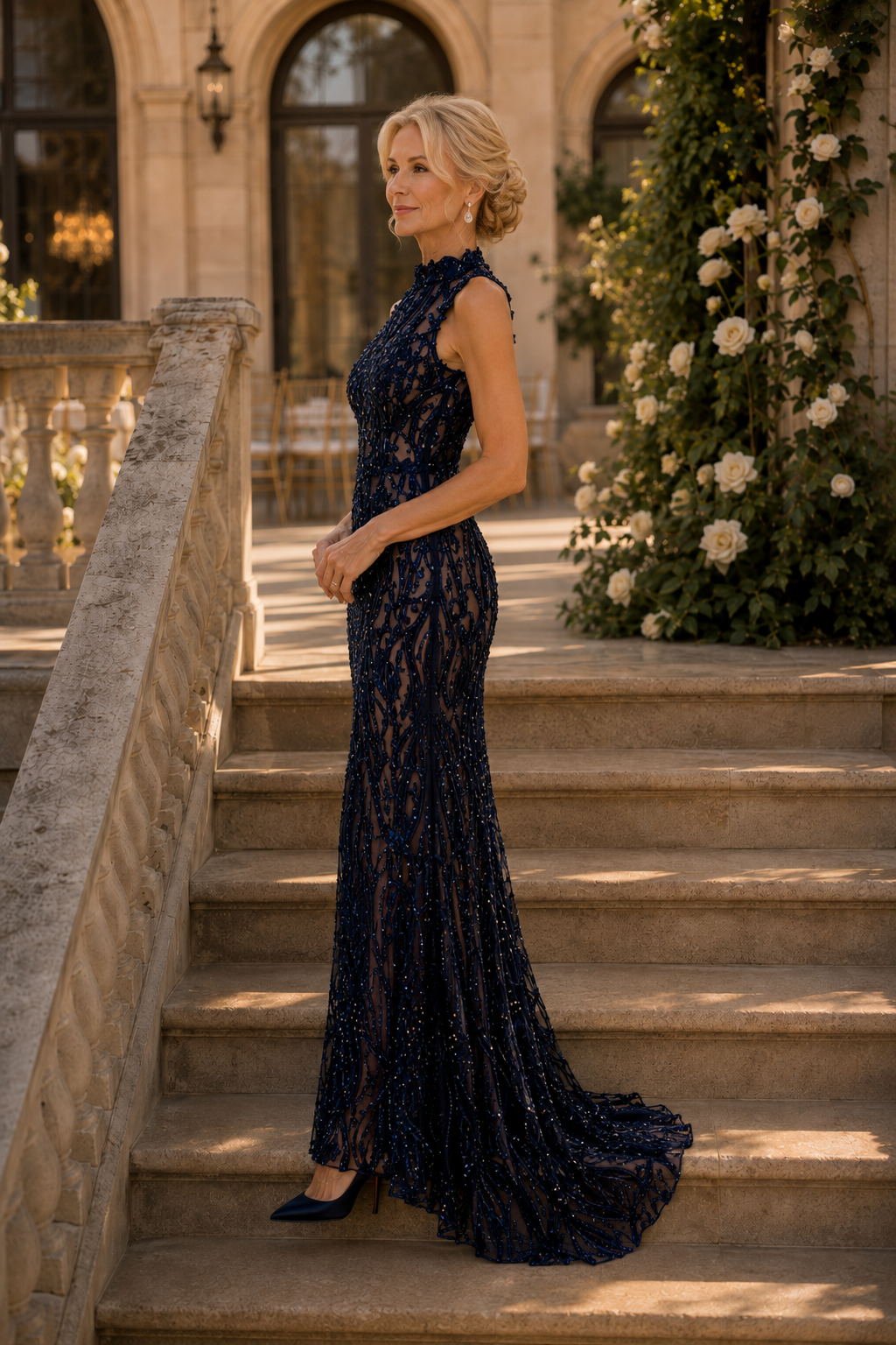Hochgeschlossenes Meerjungfrauen-Abendkleid mit Paillettenbesatz