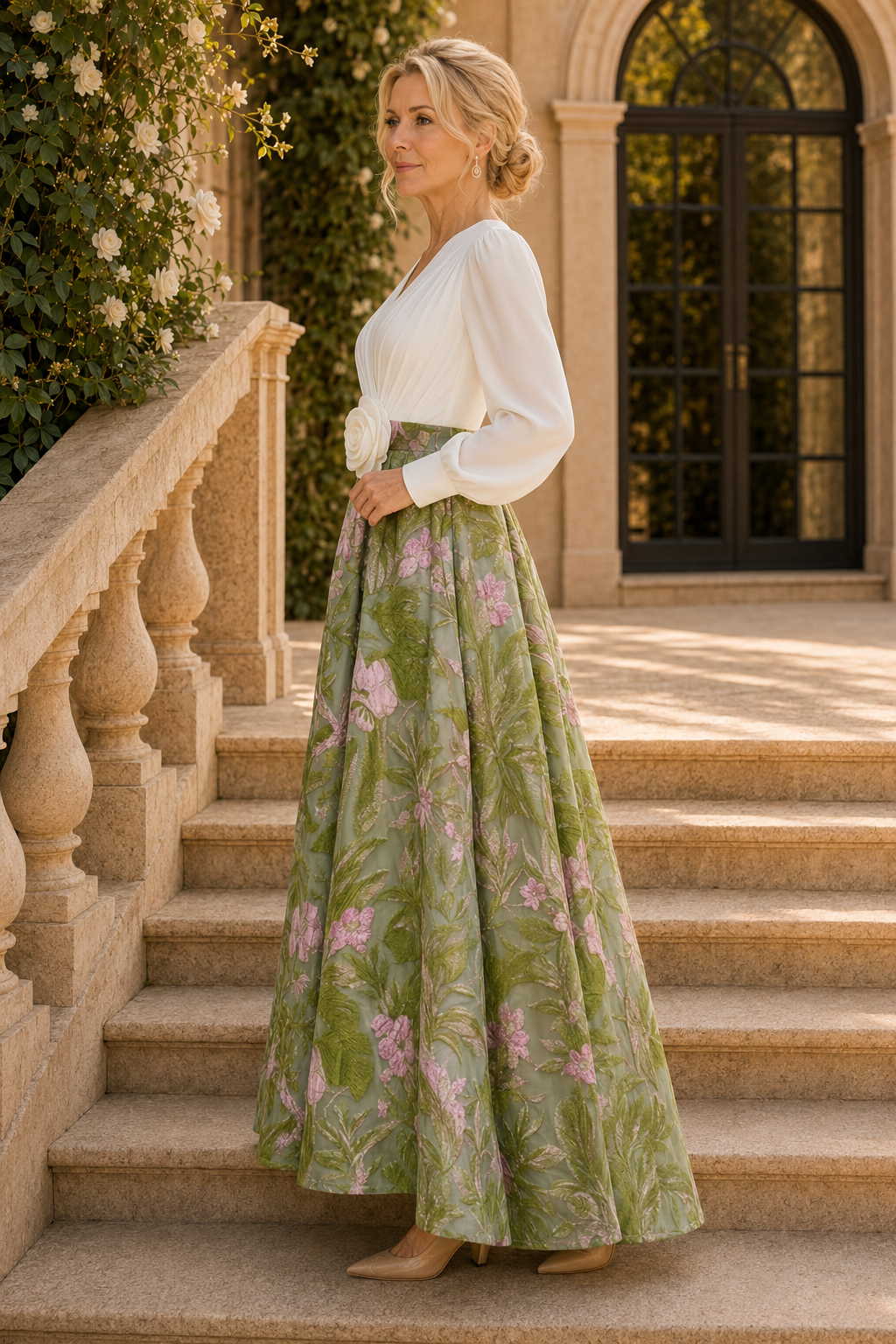 Langärmeliges Jacquard-Ballkleid mit 3D-Blumenapplikationen
