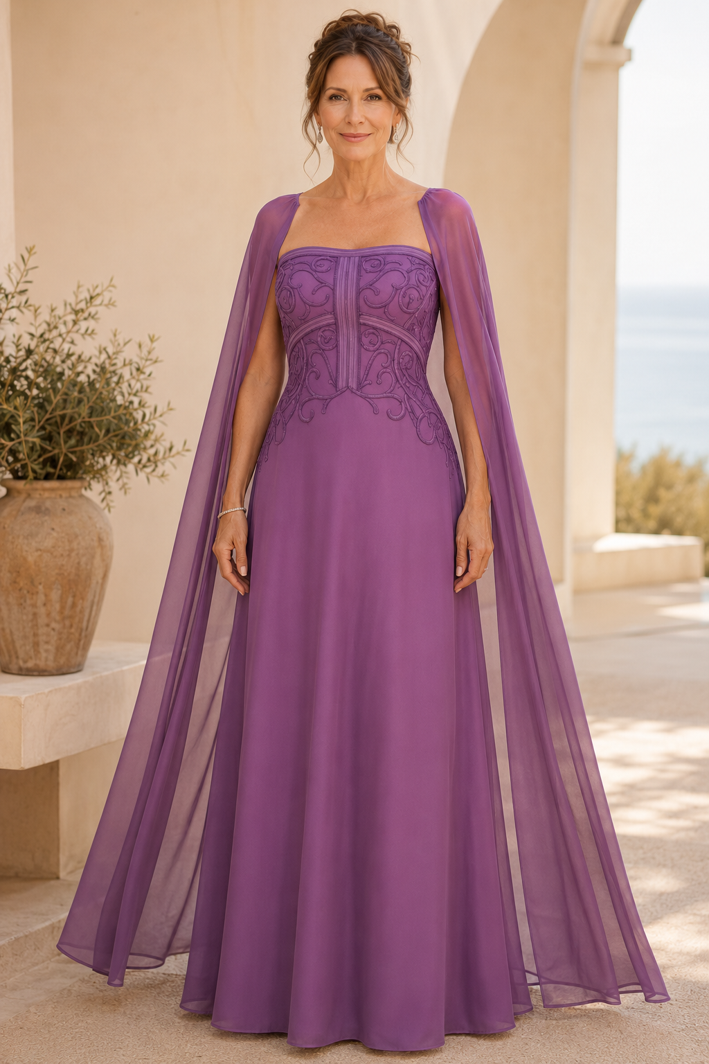 Besticktes Oberteil Umhangärmel A-Linien-Kleid