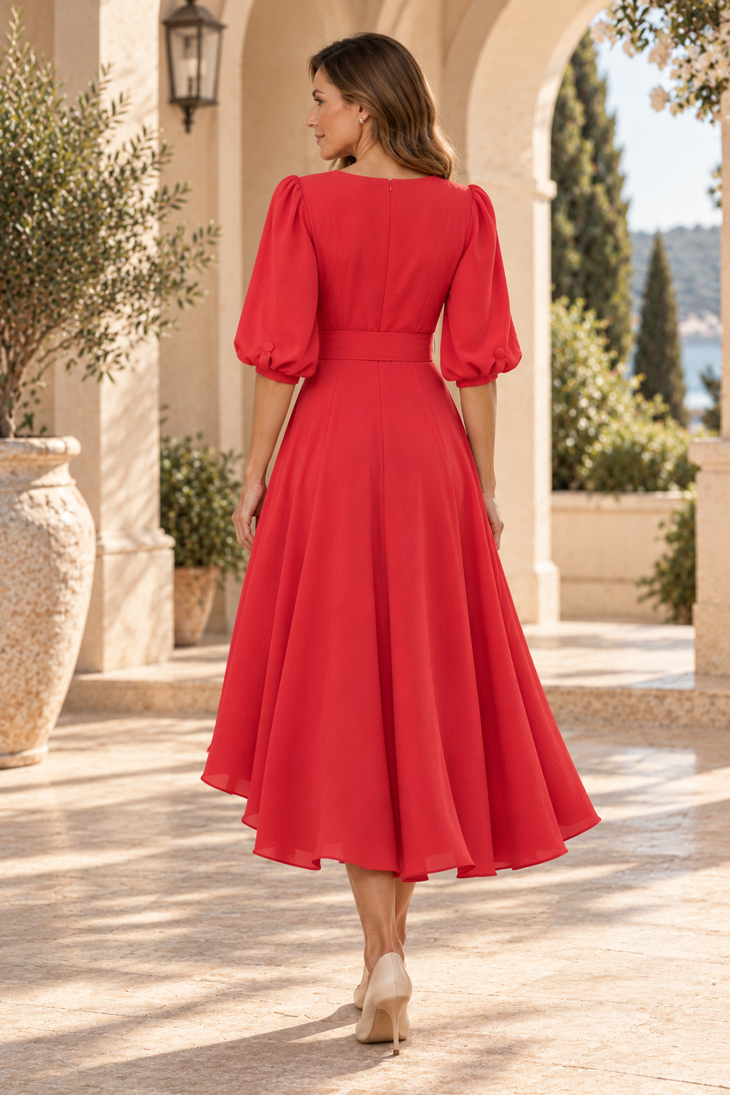 Puff Sleeve High-Low Wrap Dress with Belt