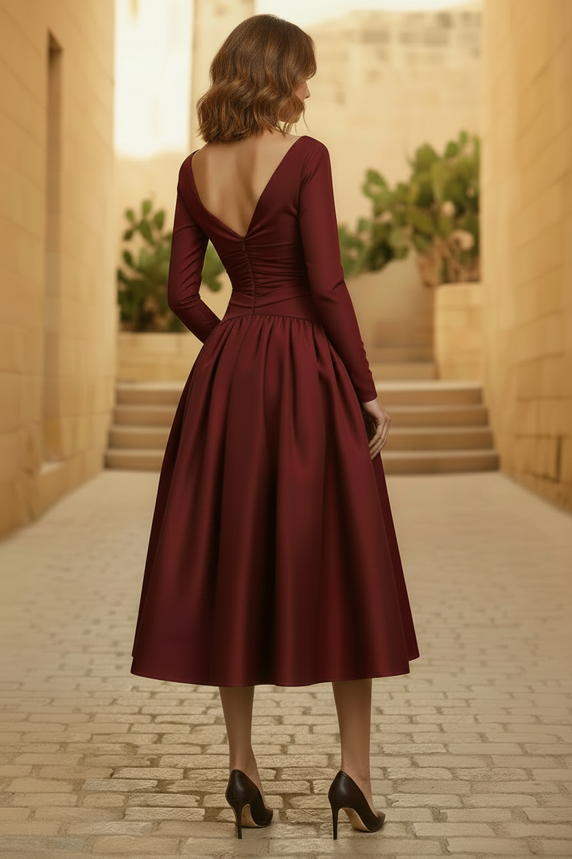 Carmenkleid aus Satin mit langen Ärmeln