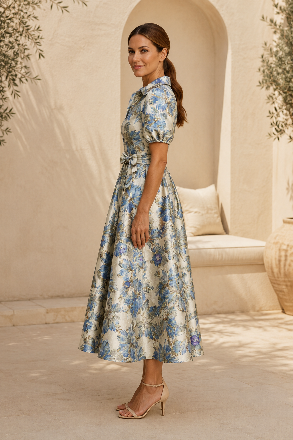 Geblümtes Jacquard-Midi-Kleid mit Gürtel und Puffärmeln