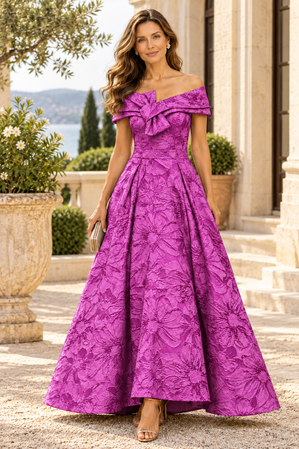 Off-the-Shoulder Jacquard Ball Gown with Bow