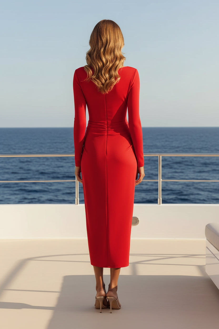 Bateau-Langarm-Midikleid mit Drapierungen