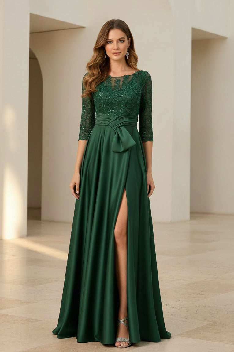 A-Linien Abendkleid aus Satin und Spitze mit 3/4-Ärmeln und Illusion-Ausschnitt