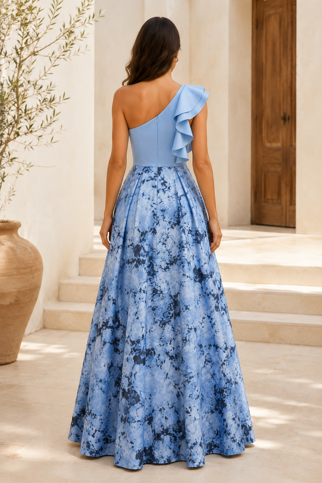 Etuikleid mit Rüschen, Blumenmuster und One-Shoulder-Träger