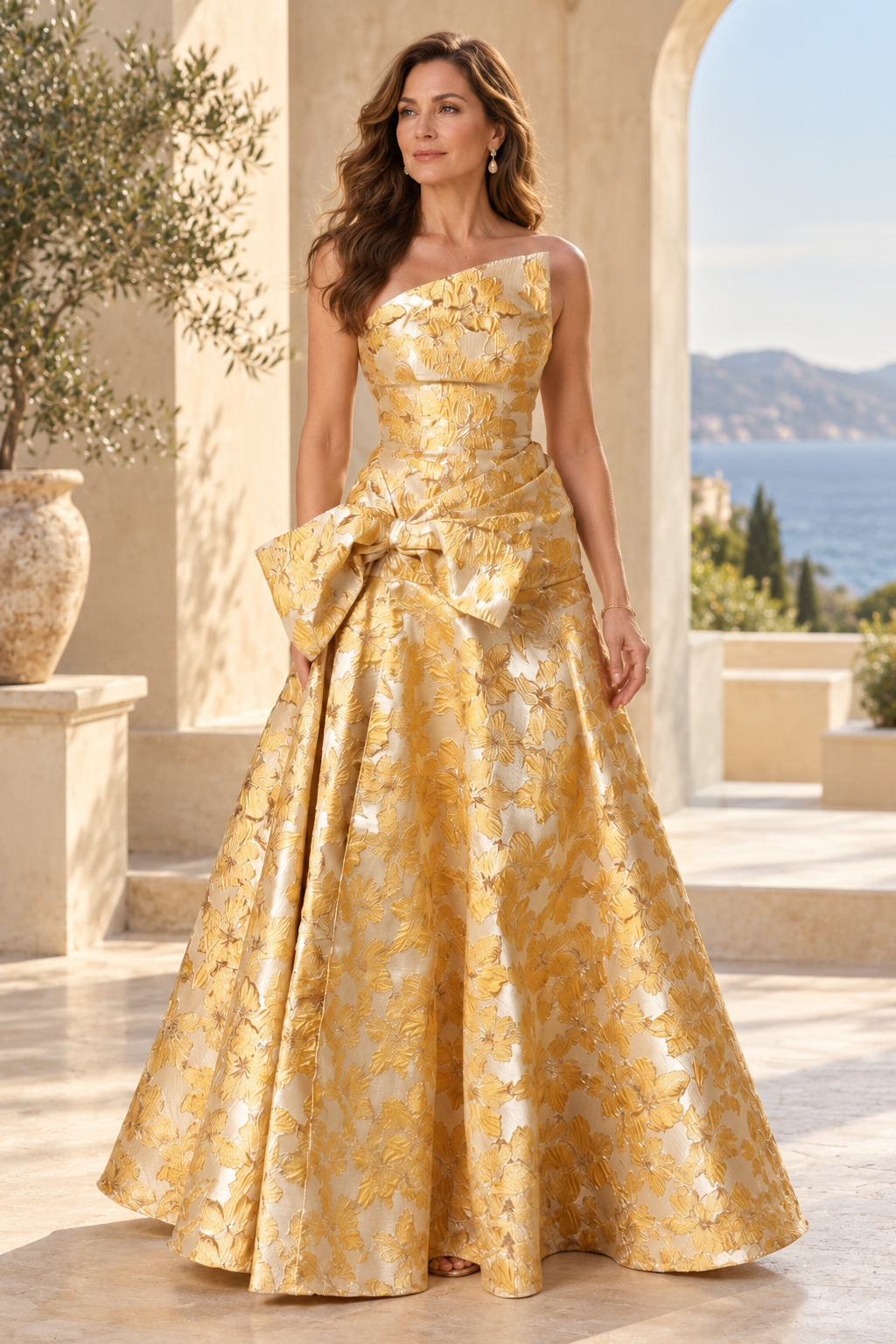 One-Shoulder Floral Jacquard Ball Gown