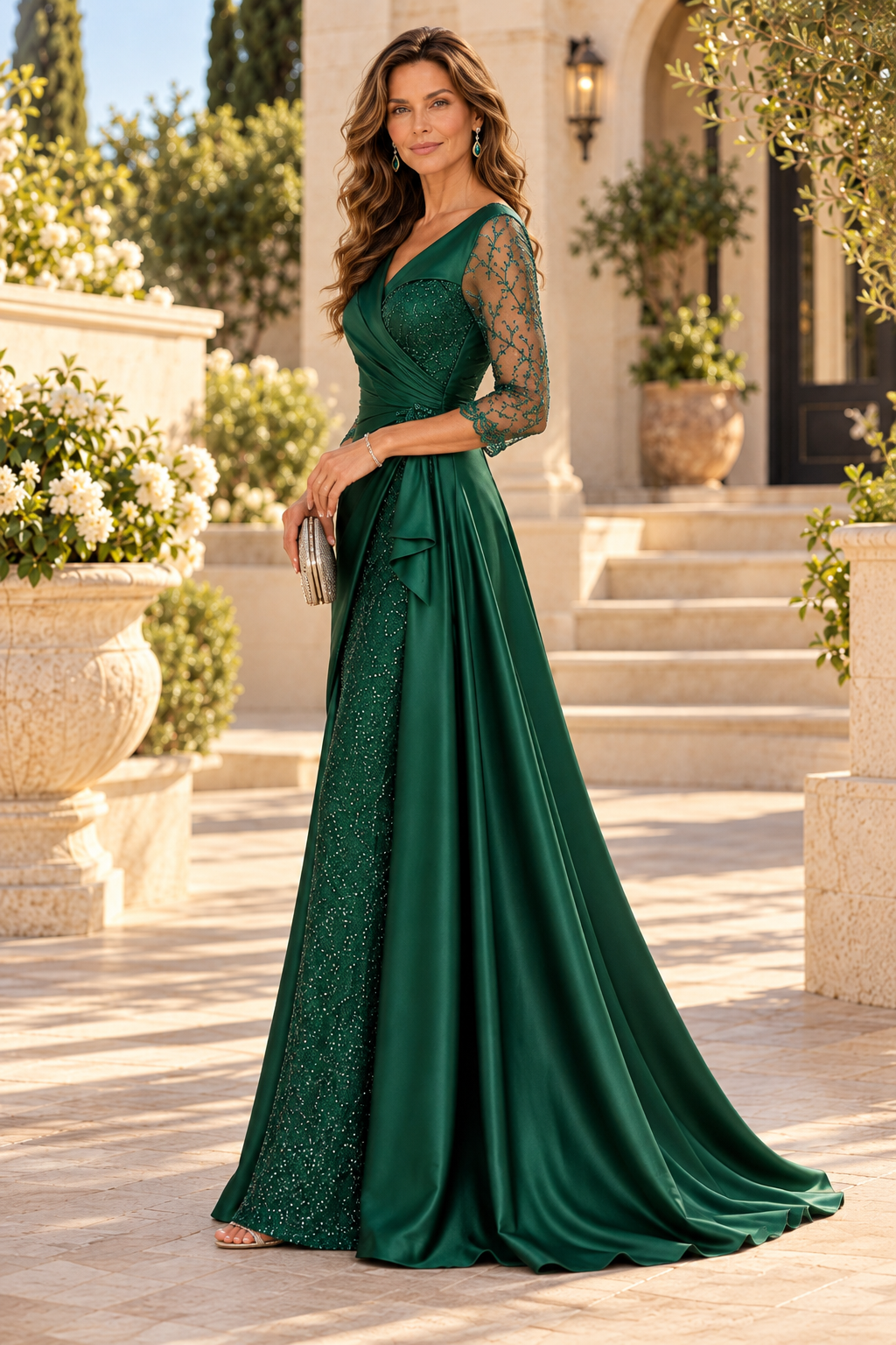 Ruched Evening Gown with 3/4 Sleeves & Overskirt