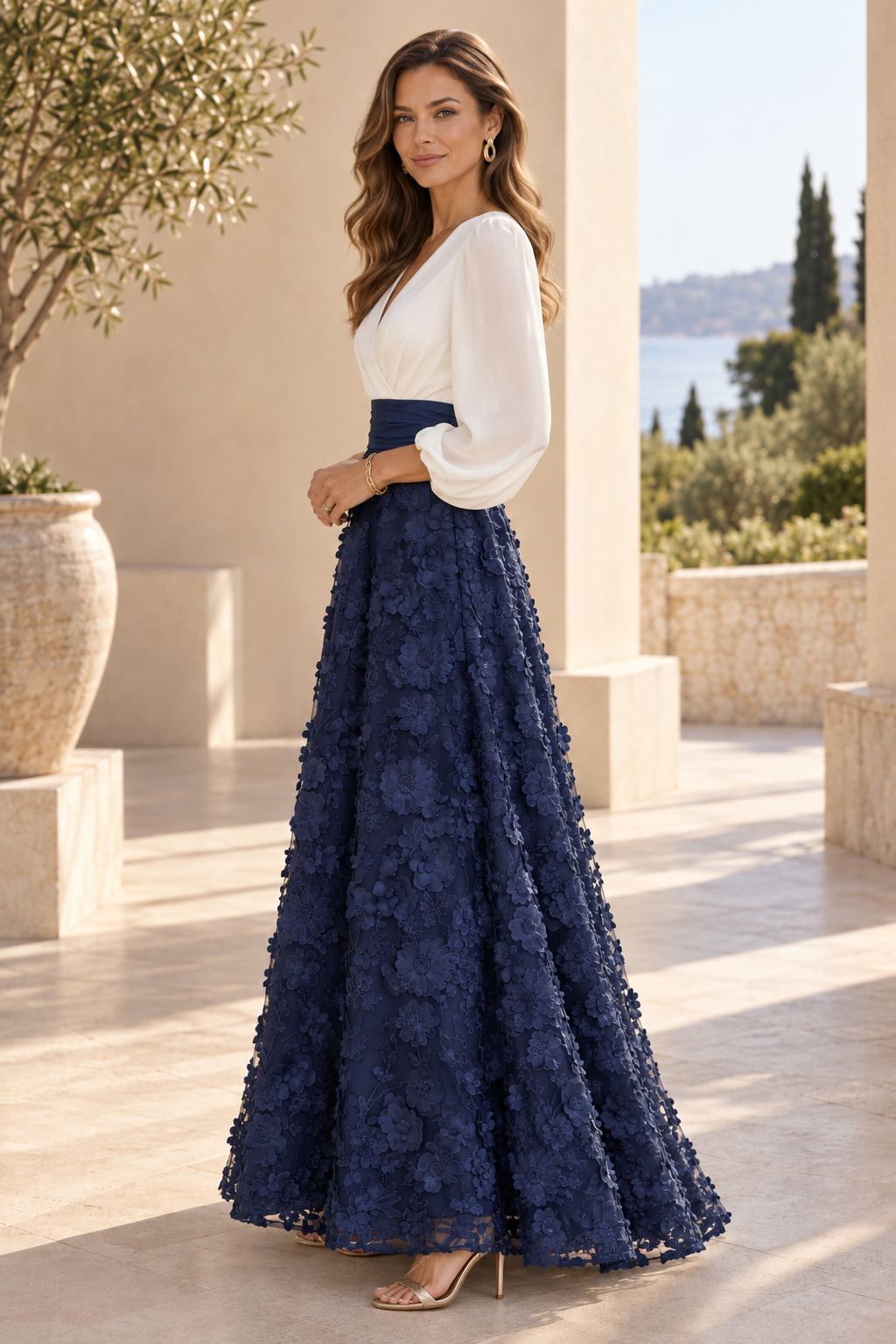 V-Neck Long Sleeve 3D Floral Applique Gown