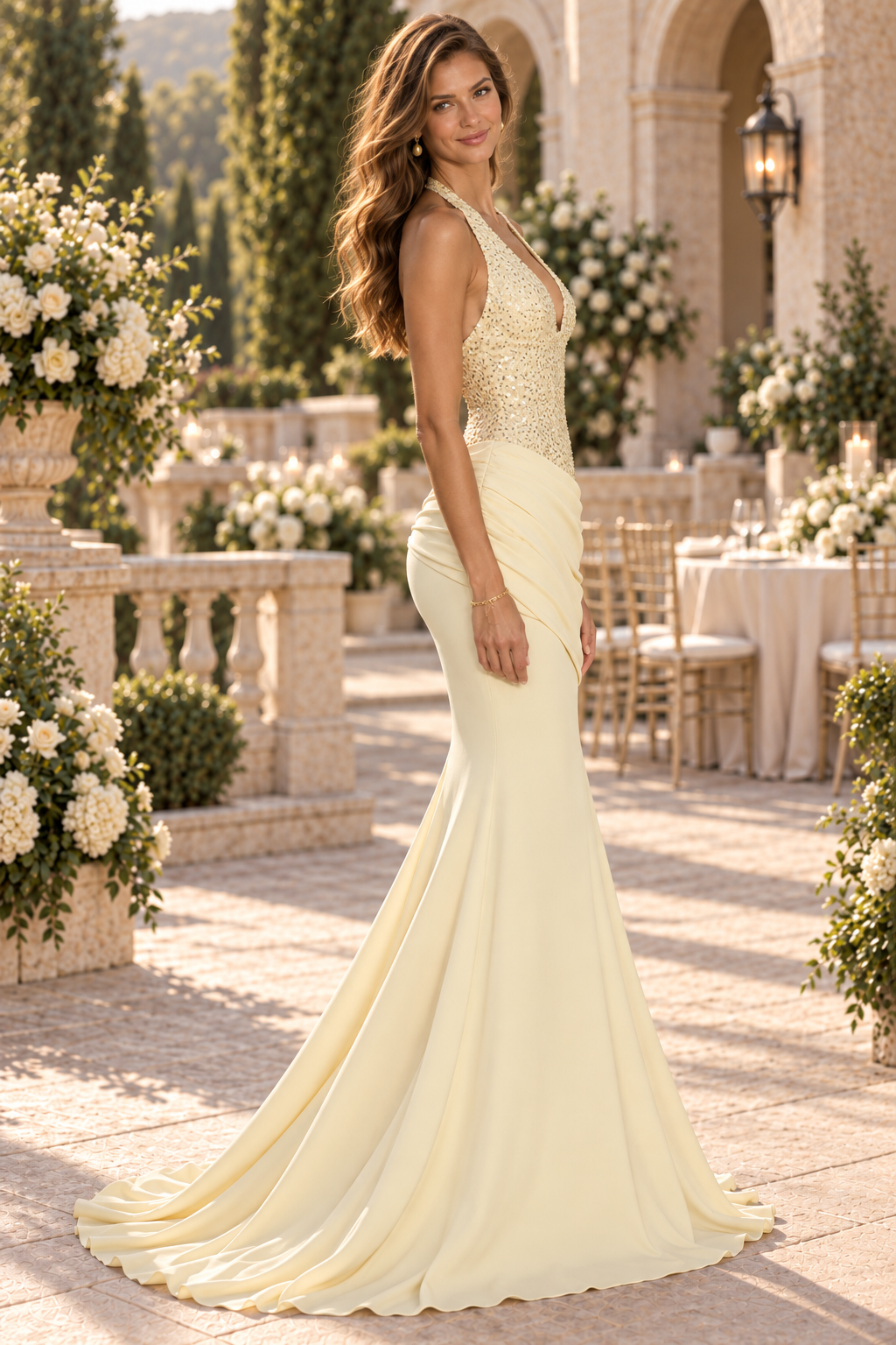 Halter Beaded Bodice Ruched Mermaid Gown