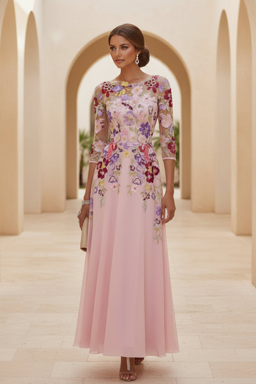 Abendkleid aus Chiffon mit floral besticktem Mesh-Oberteil