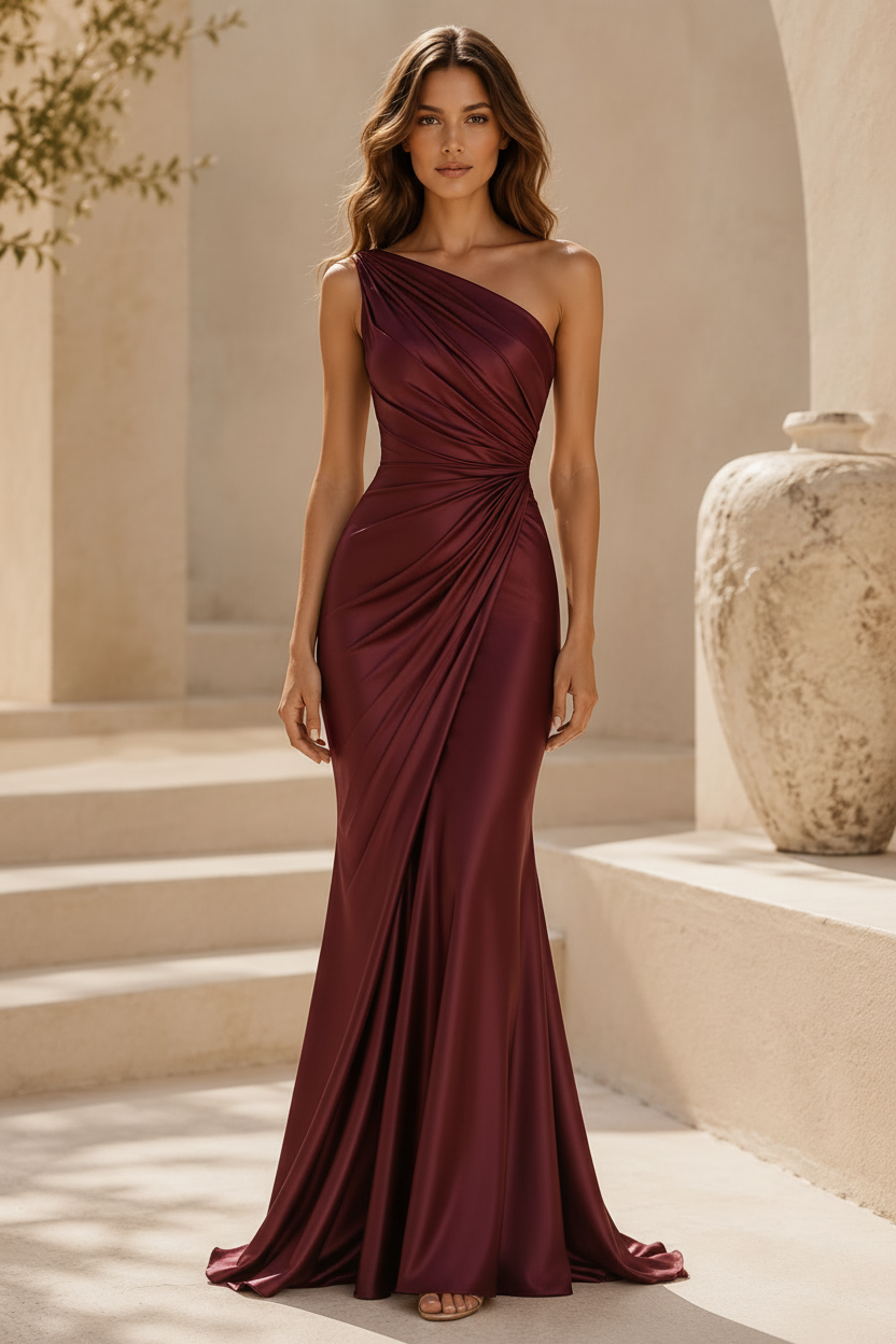 Ein-Schulter-Satin-Meerjungfrauenkleid mit Raffungen