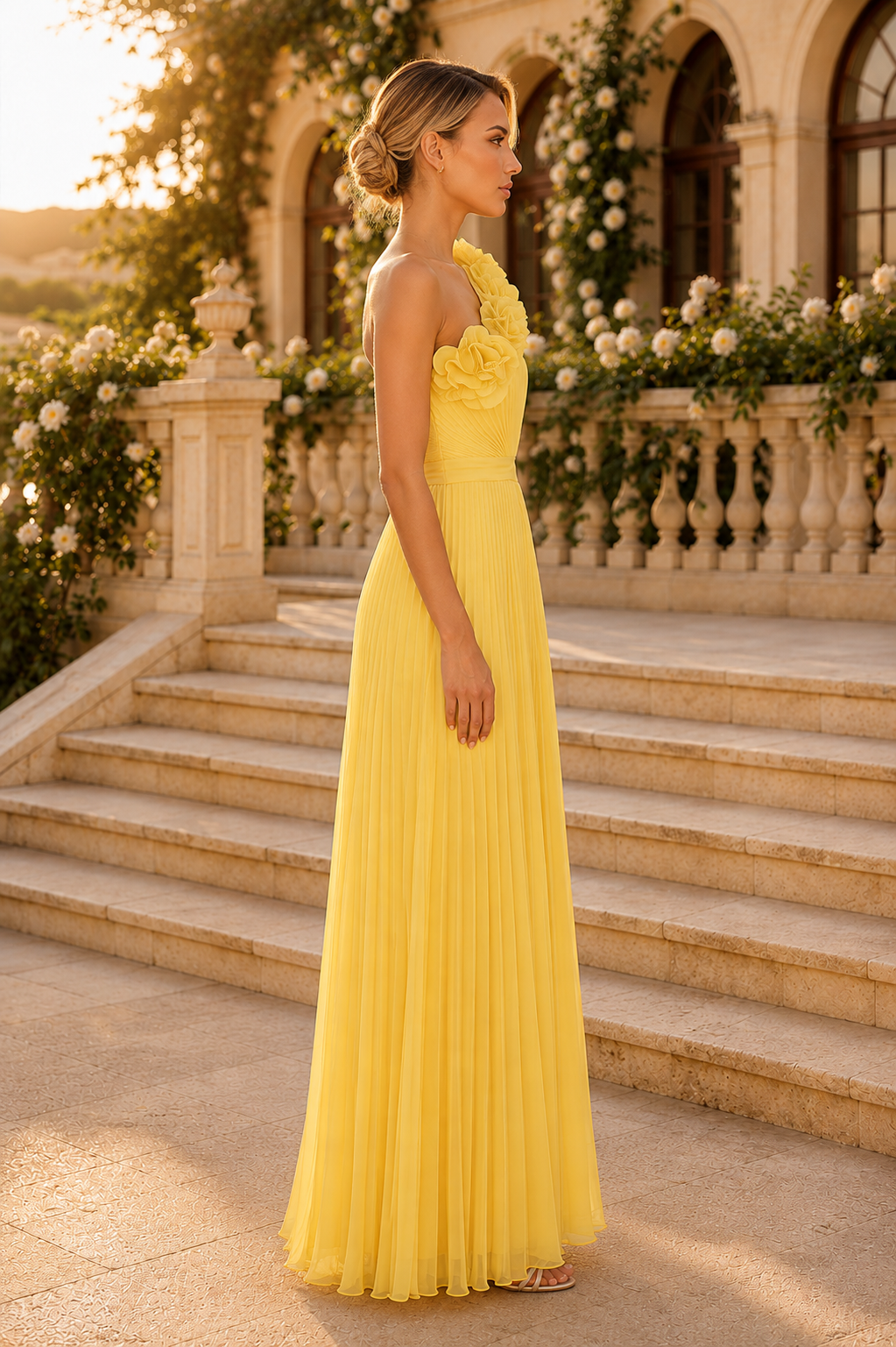 One-Shoulder Blumen-Plissee-A-Linien-Kleid