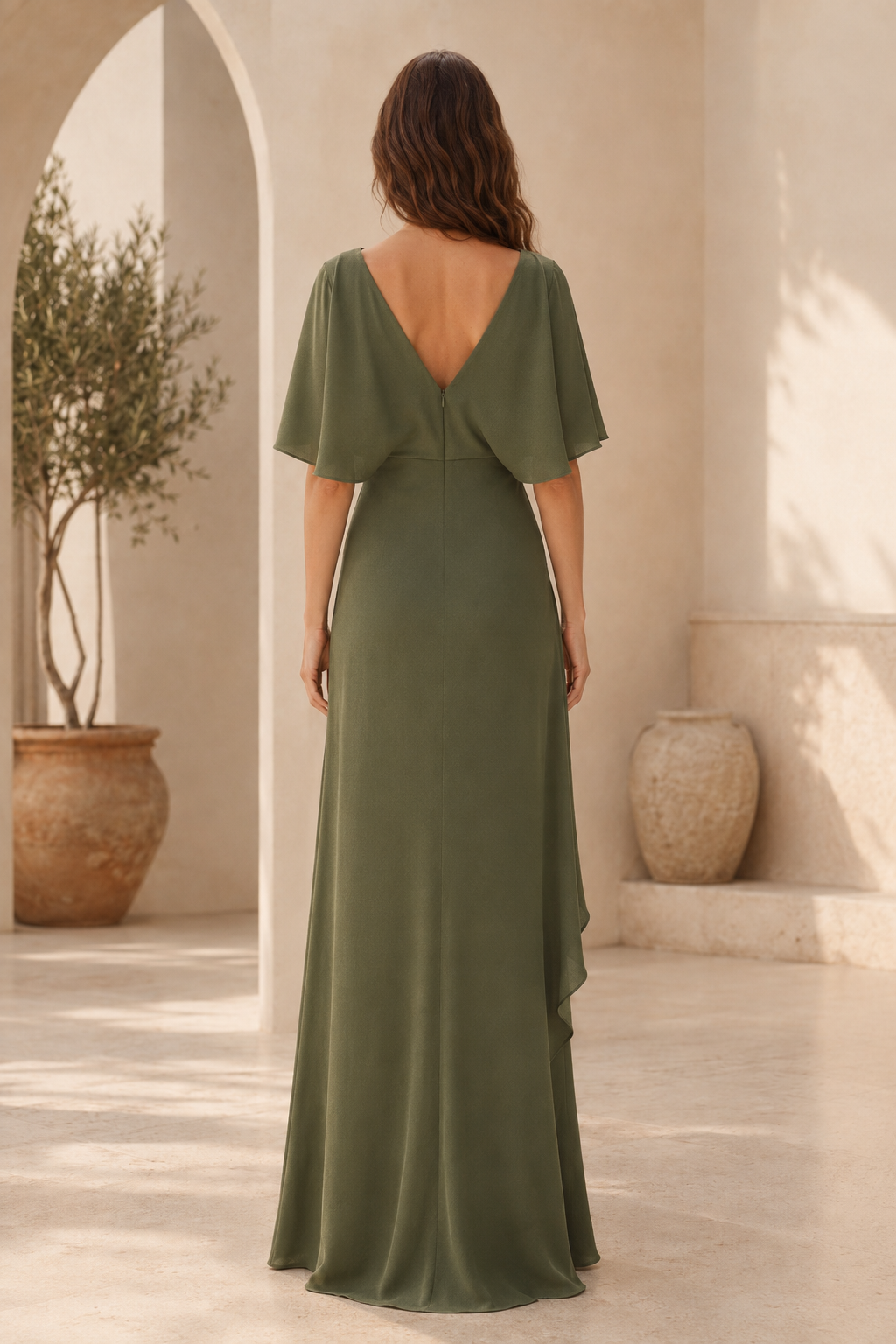 Etui-Abendkleid mit Bateau-Ausschnitt, Flügelärmeln und seitlicher Drapierung