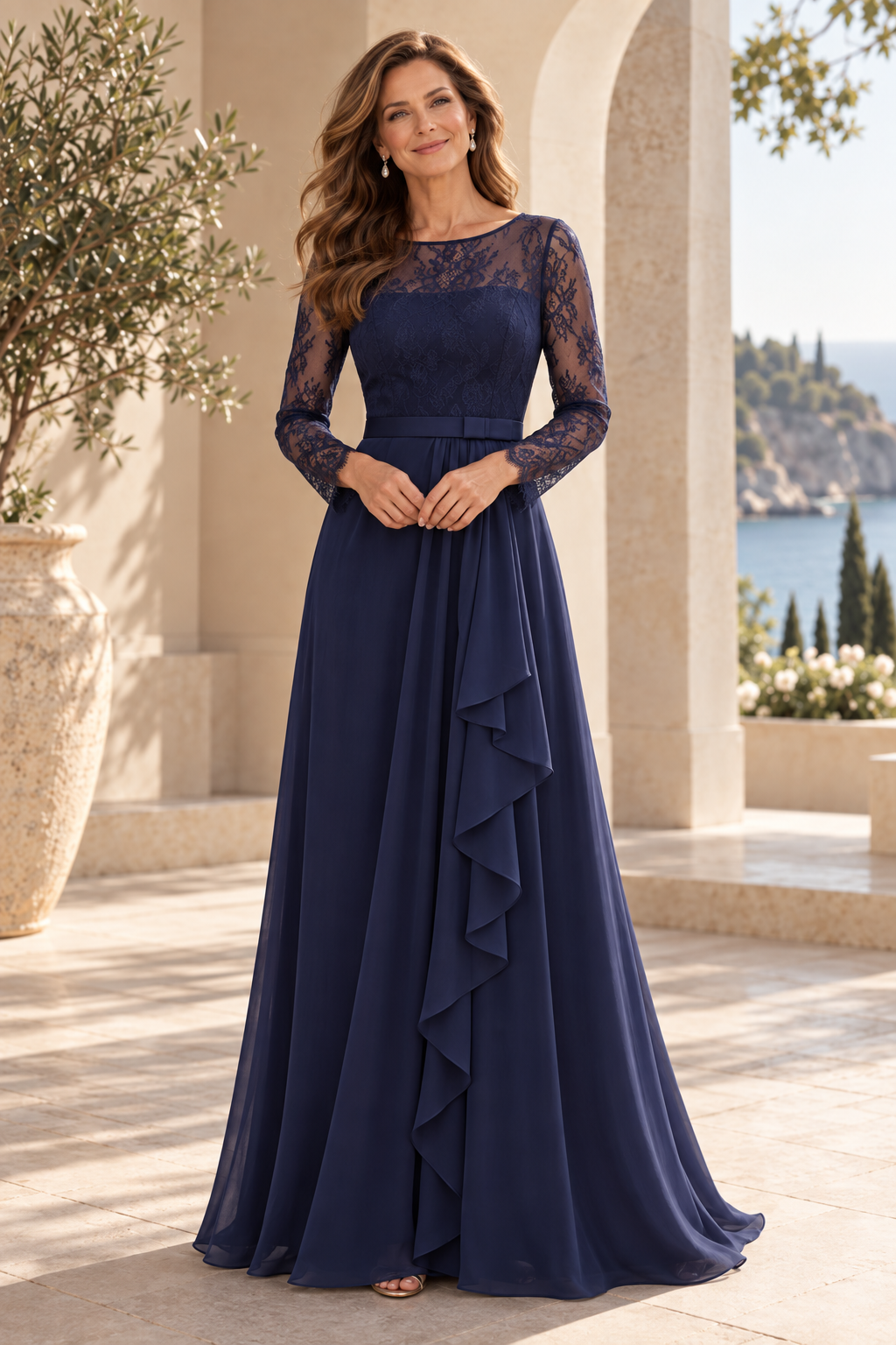 Lace Illusion Long Sleeve A-Line Chiffon Gown