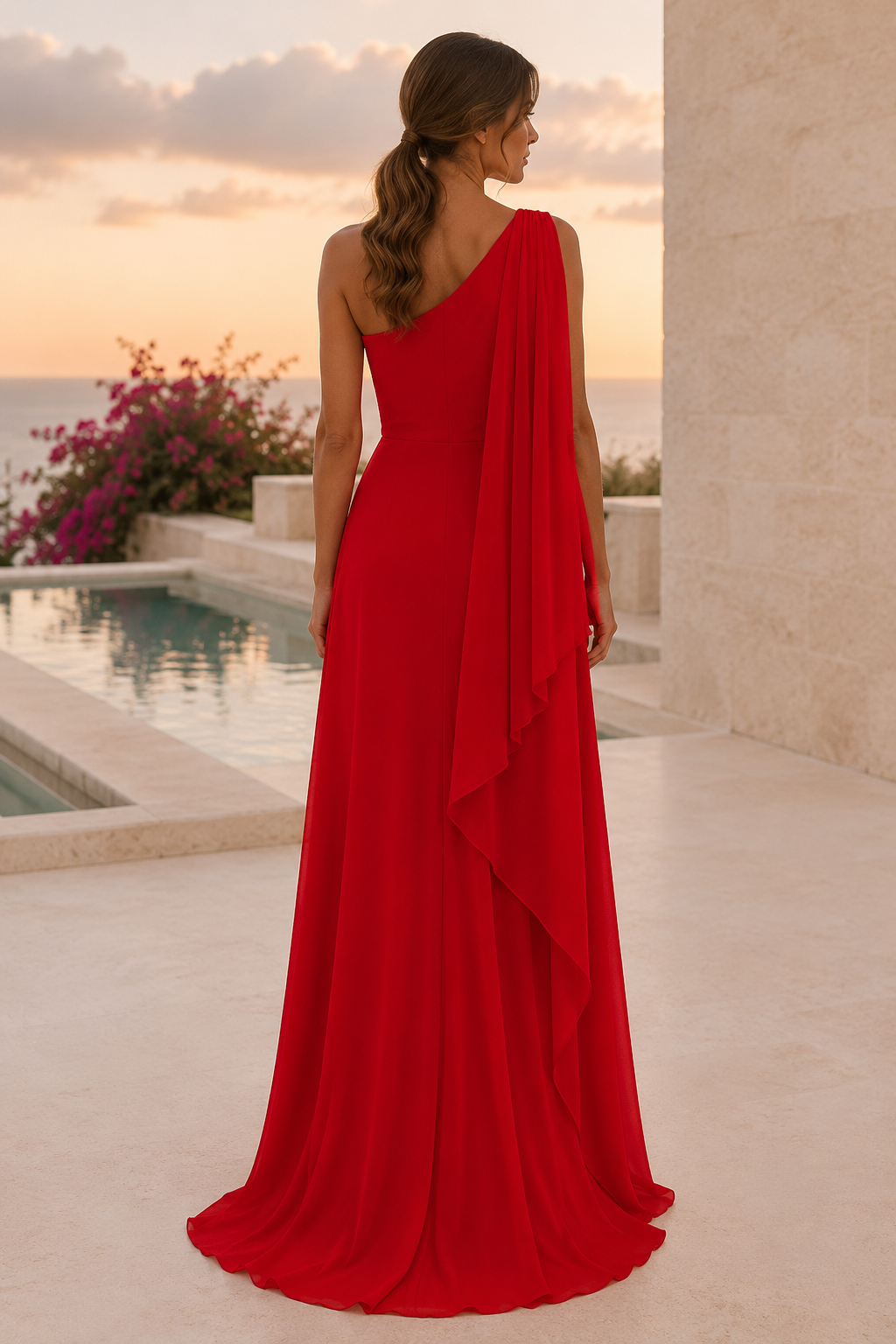 Ein-Schulter-Chiffonkleid mit drapiertem Kaskaden-Einsatz