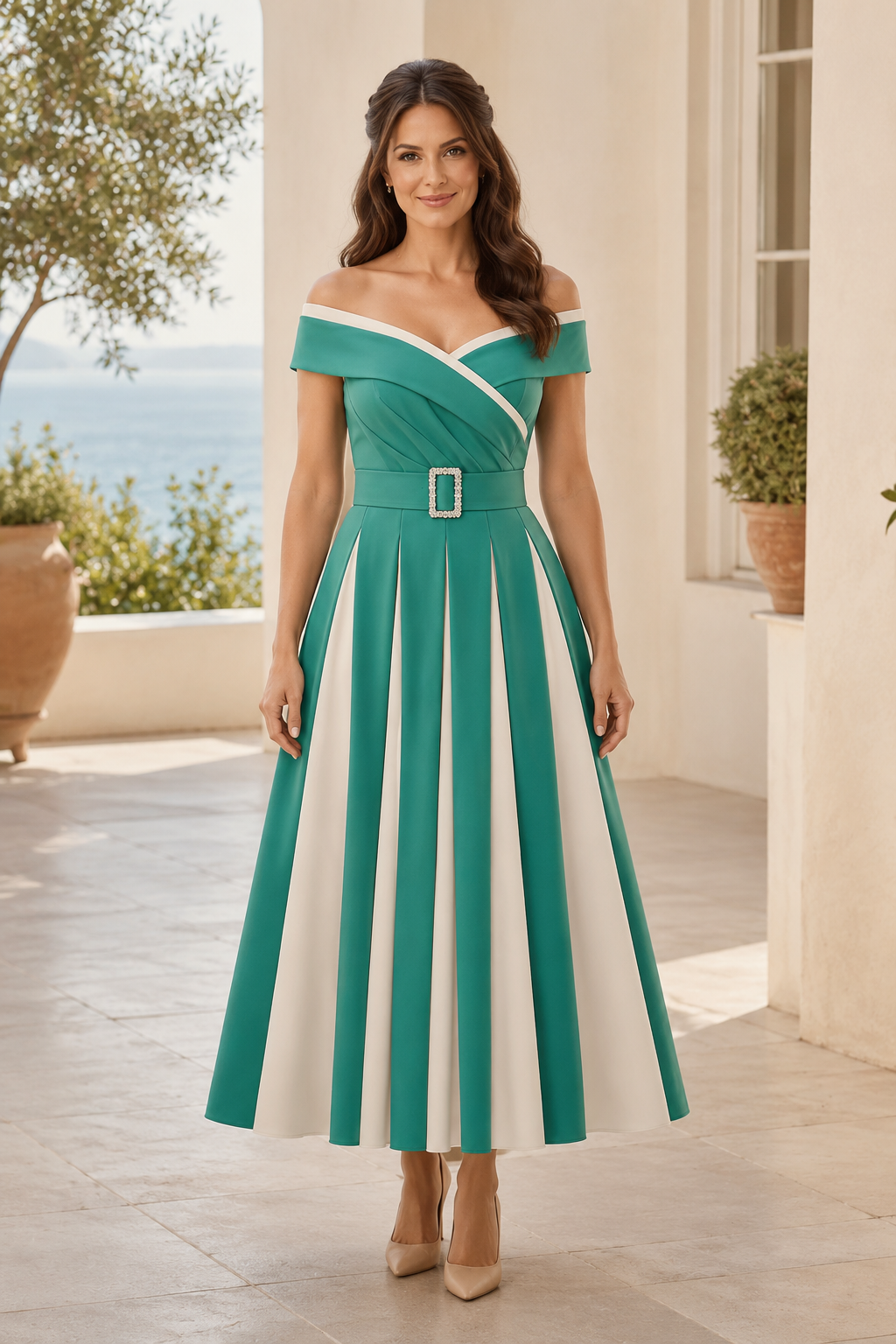 Zweifarbiges schulterfreies A-Linien-Kleid mit Strassgürtel