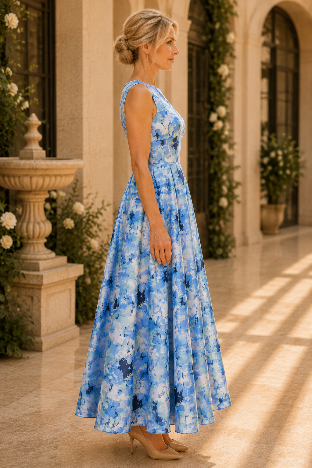 Ärmelloses, plissiertes Kleid mit Blumenmuster und Bateau-Ausschnitt