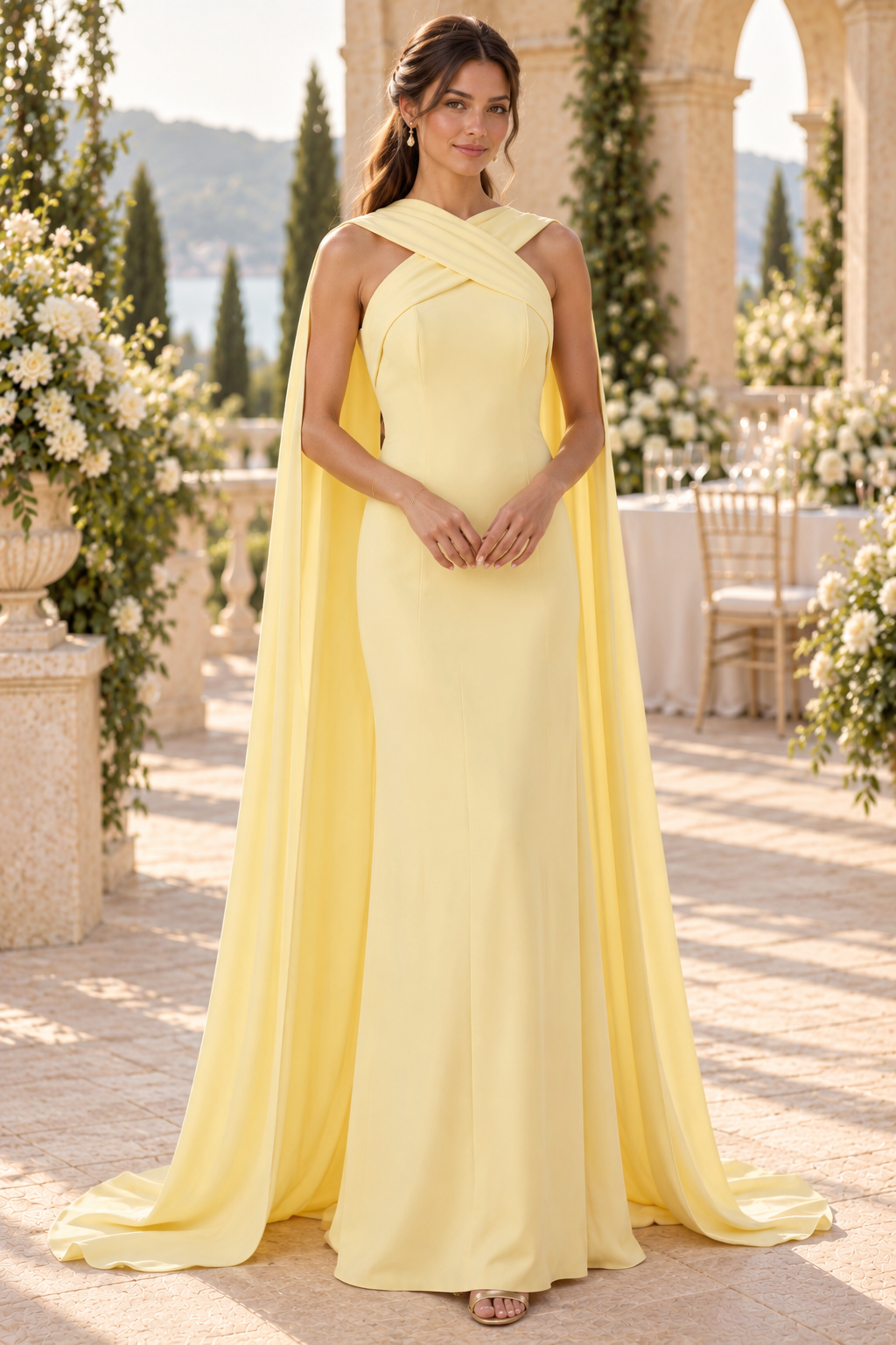 Crossed Neckline Cape Evening Gown