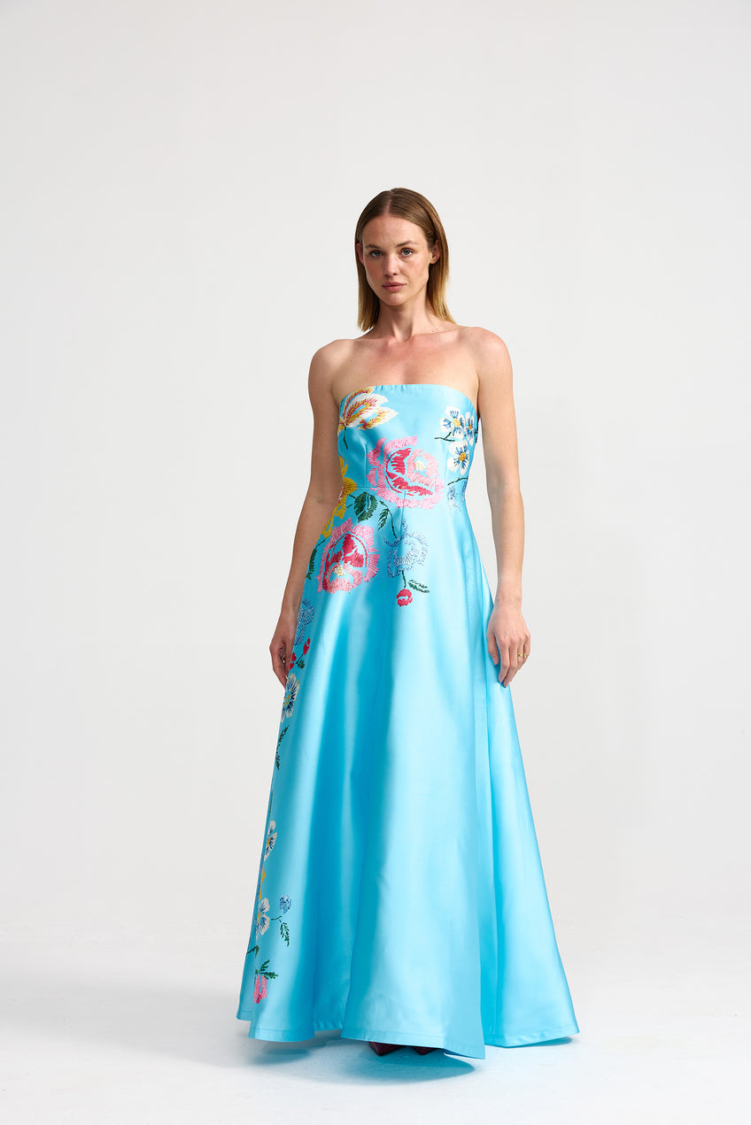 Trägerloses A-Linien-Satin-Kleid mit Blumendruck