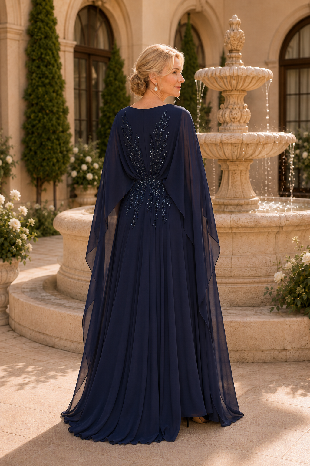 Bodenlanges Chiffonkleid mit perlenbesetzten Flügelärmeln