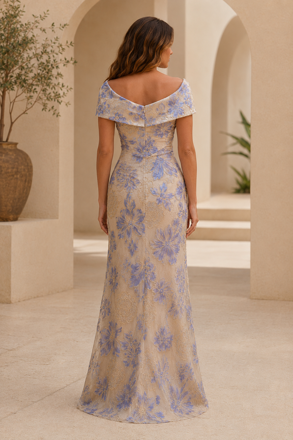 Schulterfreies, säulenförmiges Abendkleid aus Blumen-Spitze