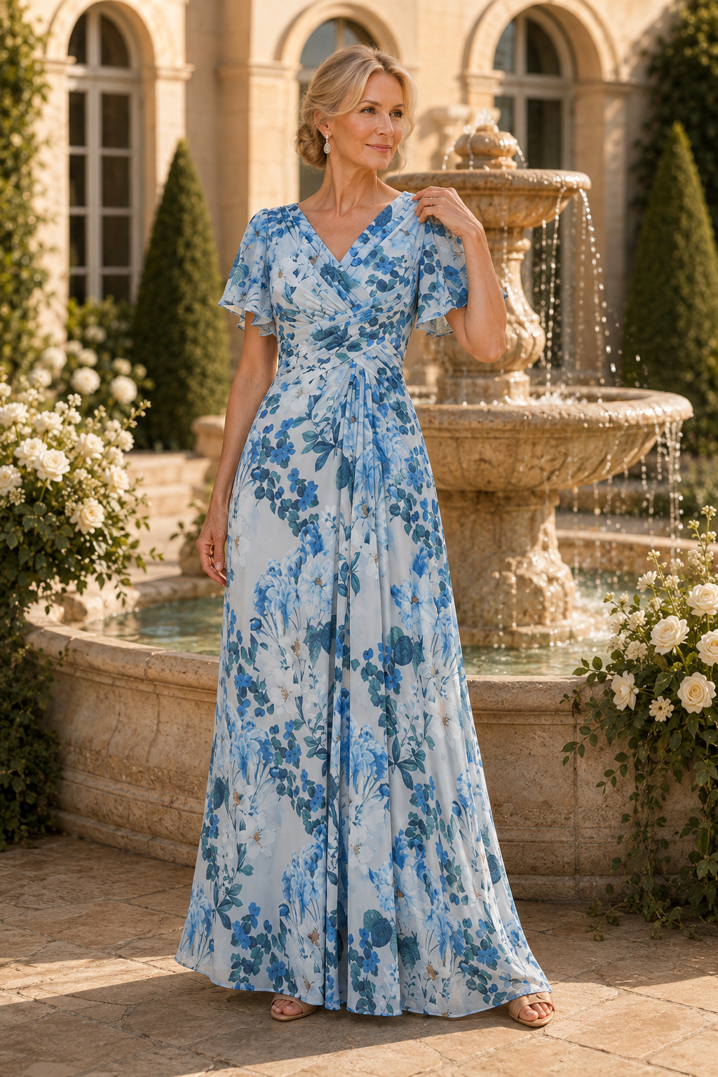 Geblümtes Maxikleid mit Raffungen am Oberteil und Volantärmeln