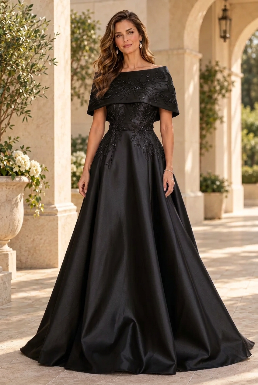 Embellished Cape Collar A-Line Evening Gown