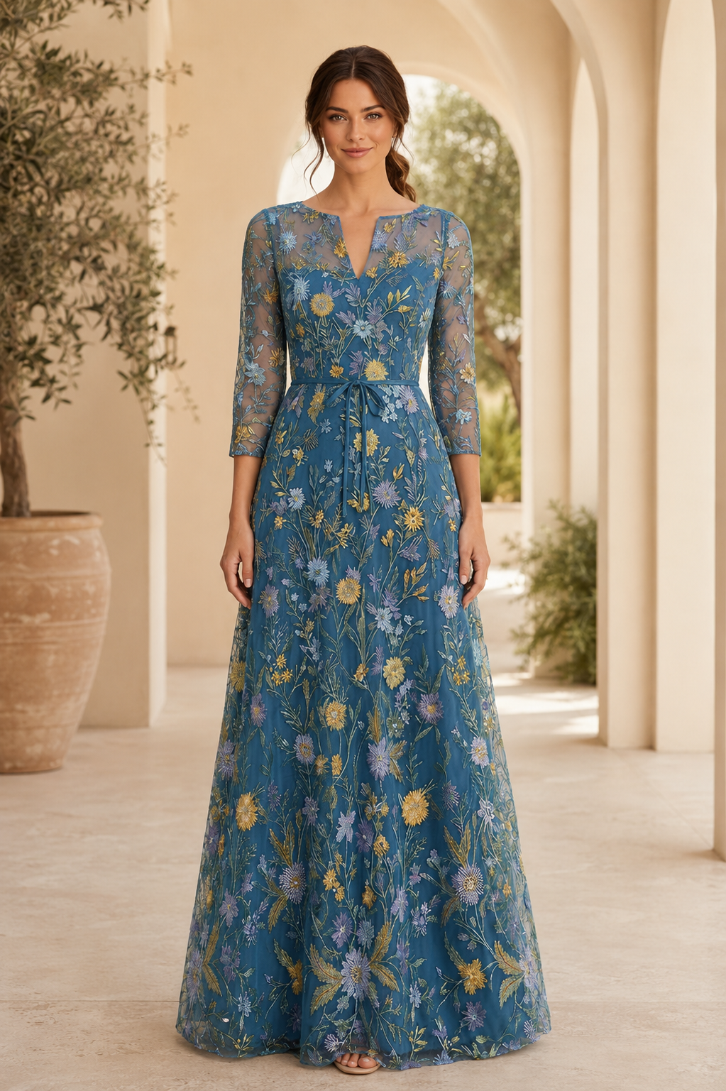 Abendkleid mit floraler Stickerei, Illusionsärmeln und A-Linie