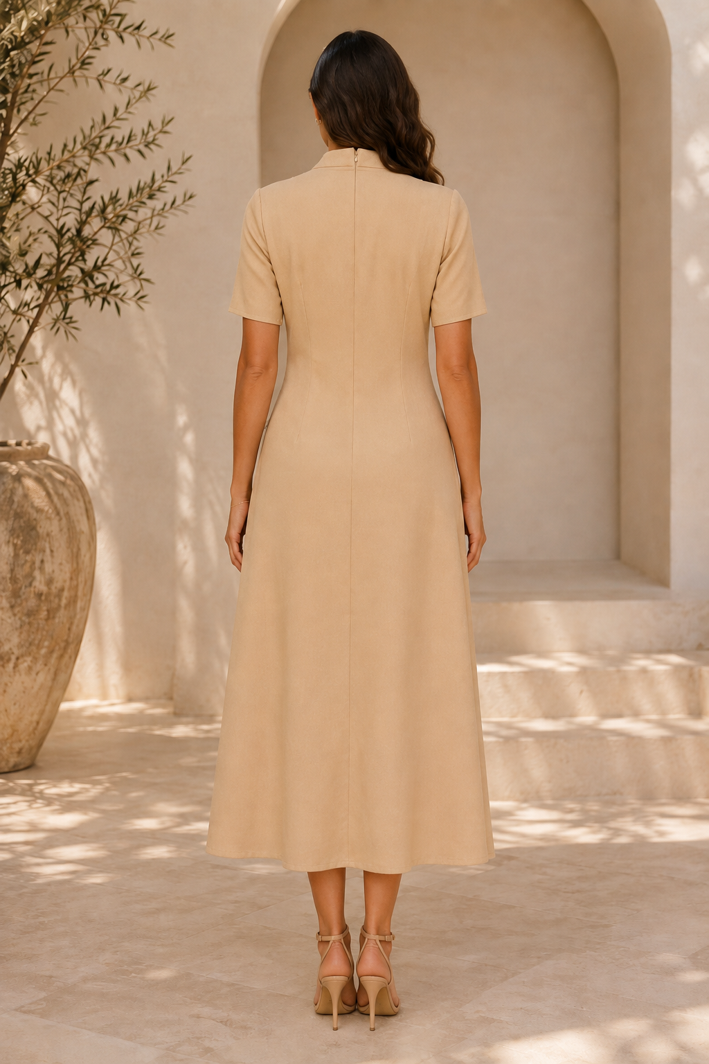 Midi-Kleid mit Bindekragen und floraler 3D-Applikation