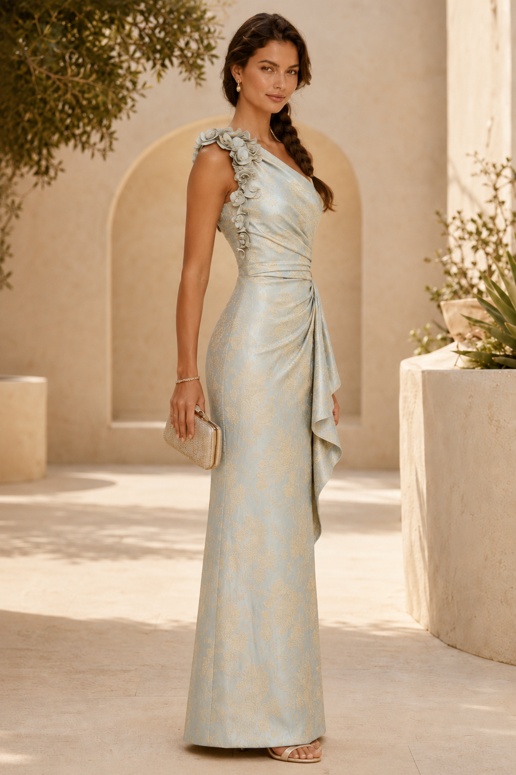 Asymmetrische Robe aus geblümtem Jacquard mit 3D-Blüten