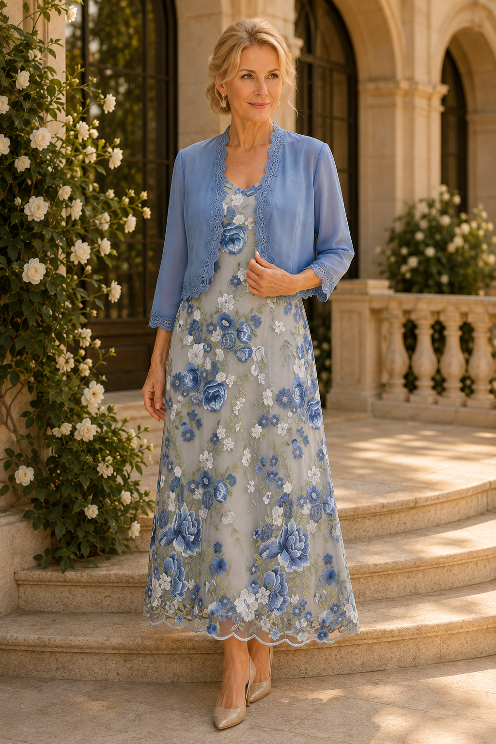 Blumenbesticktes Teelanges Kleid mit Bolero