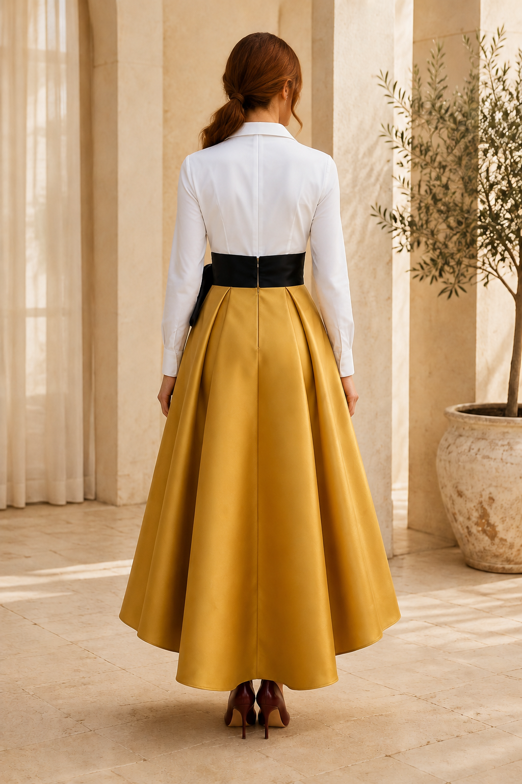 Hemd-High-Low-Kleid mit langen Ärmeln und Schleifengürtel