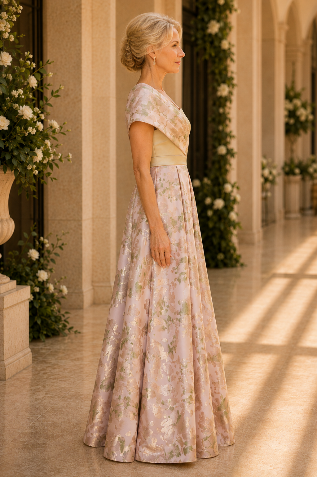Florales Jacquard-A-Linien-Kleid mit drapiertem Ausschnitt