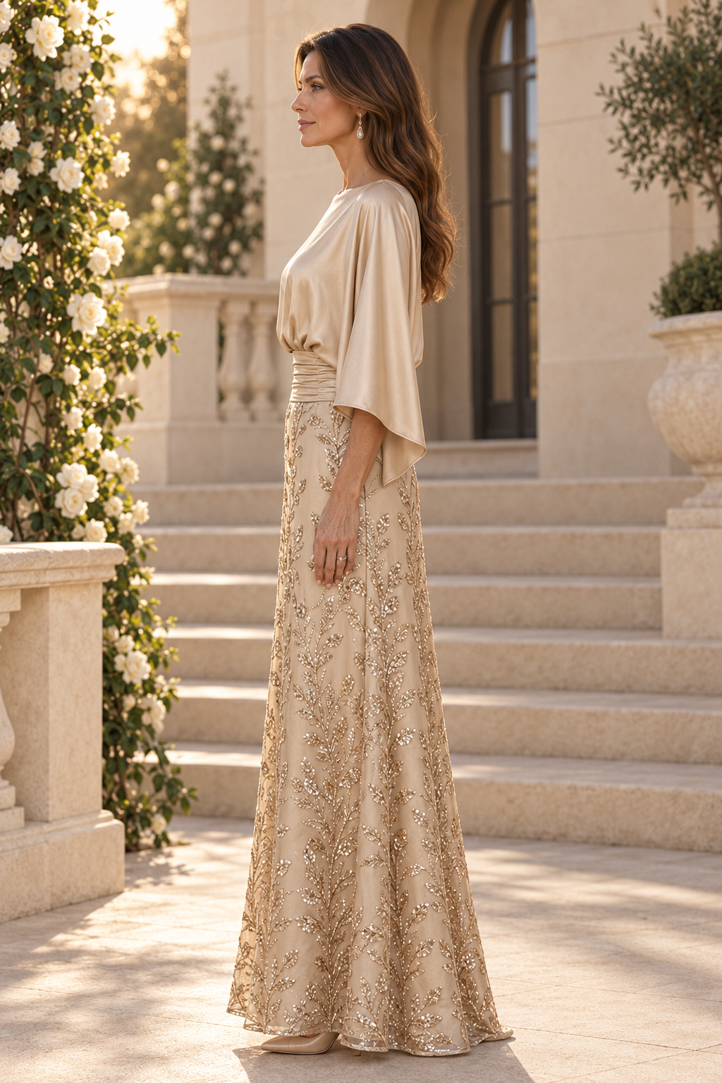 Satin Capelet Bodice Gown with Sequin Skirt