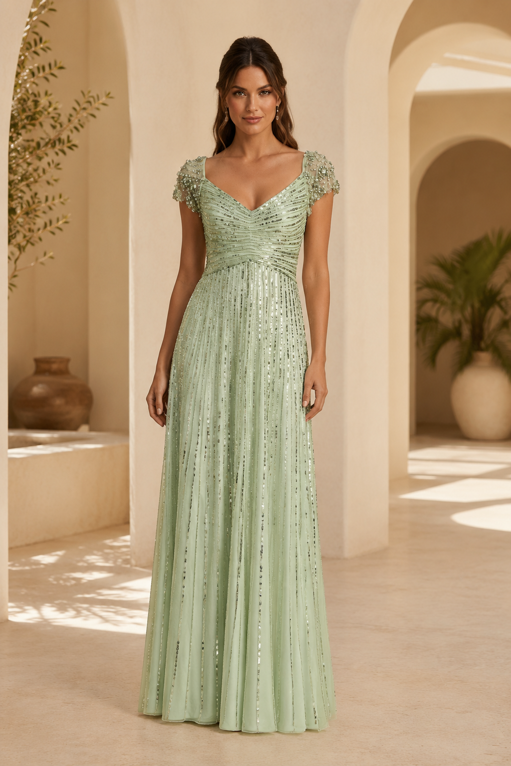 Pailletten-Abendkleid in A-Linie mit perlenbesetzten Flügelärmeln