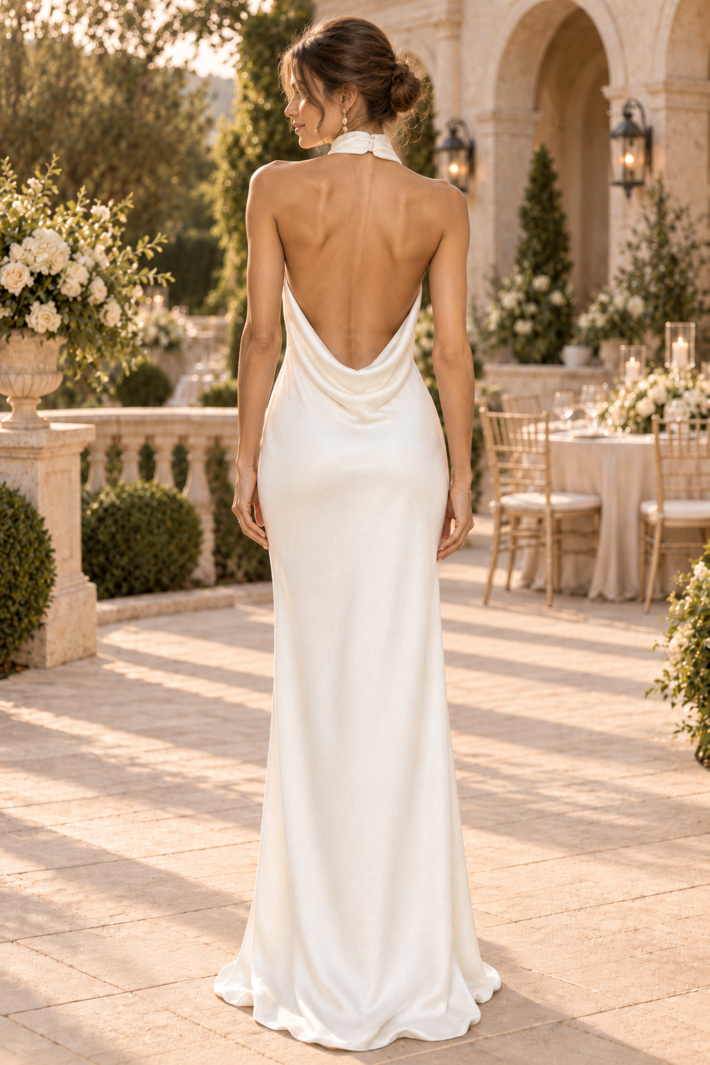 High Neck Cowl Drape Halter Gown with Open Back