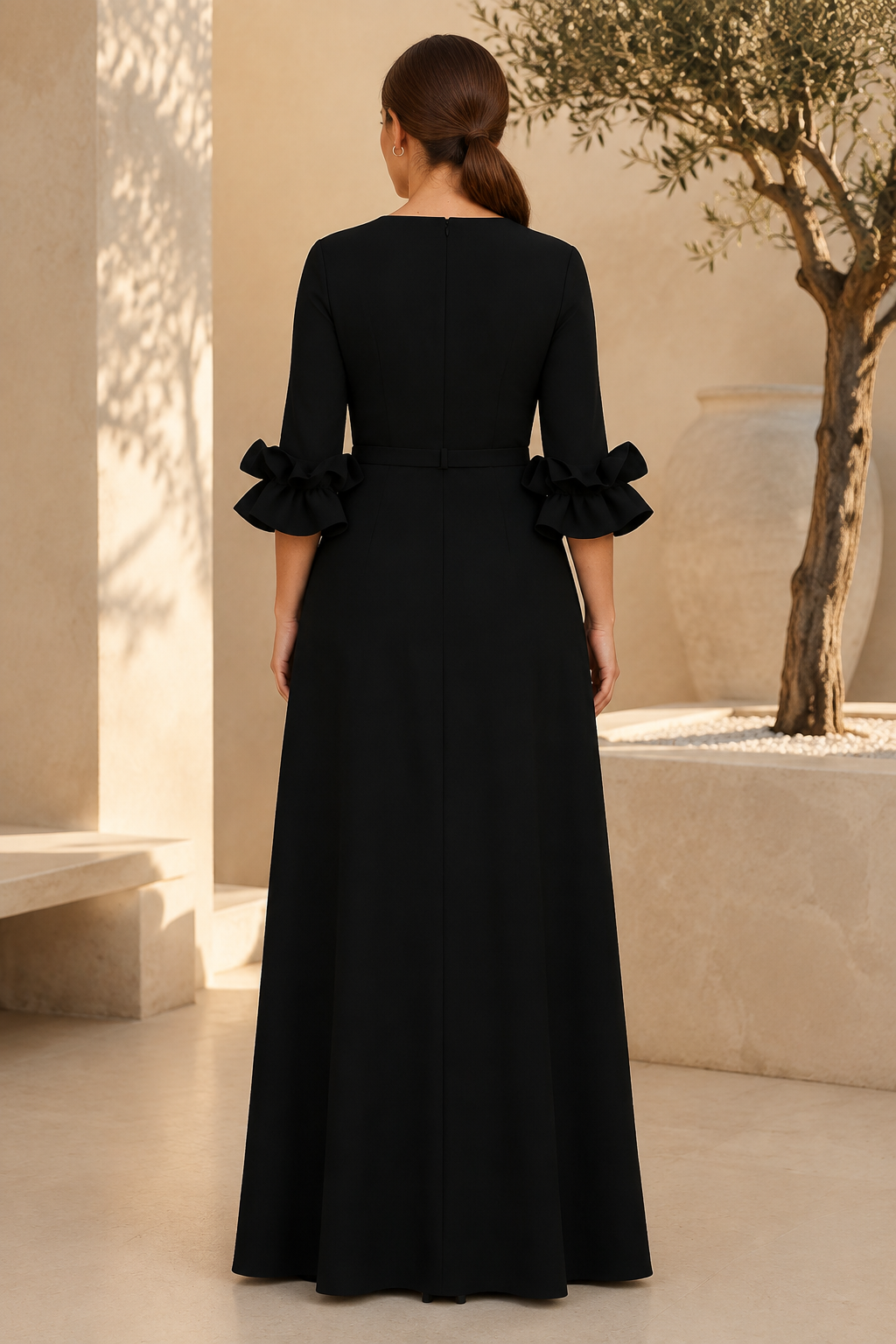 Gürtel-Maxikleid in A-Linie mit Rüschenärmeln