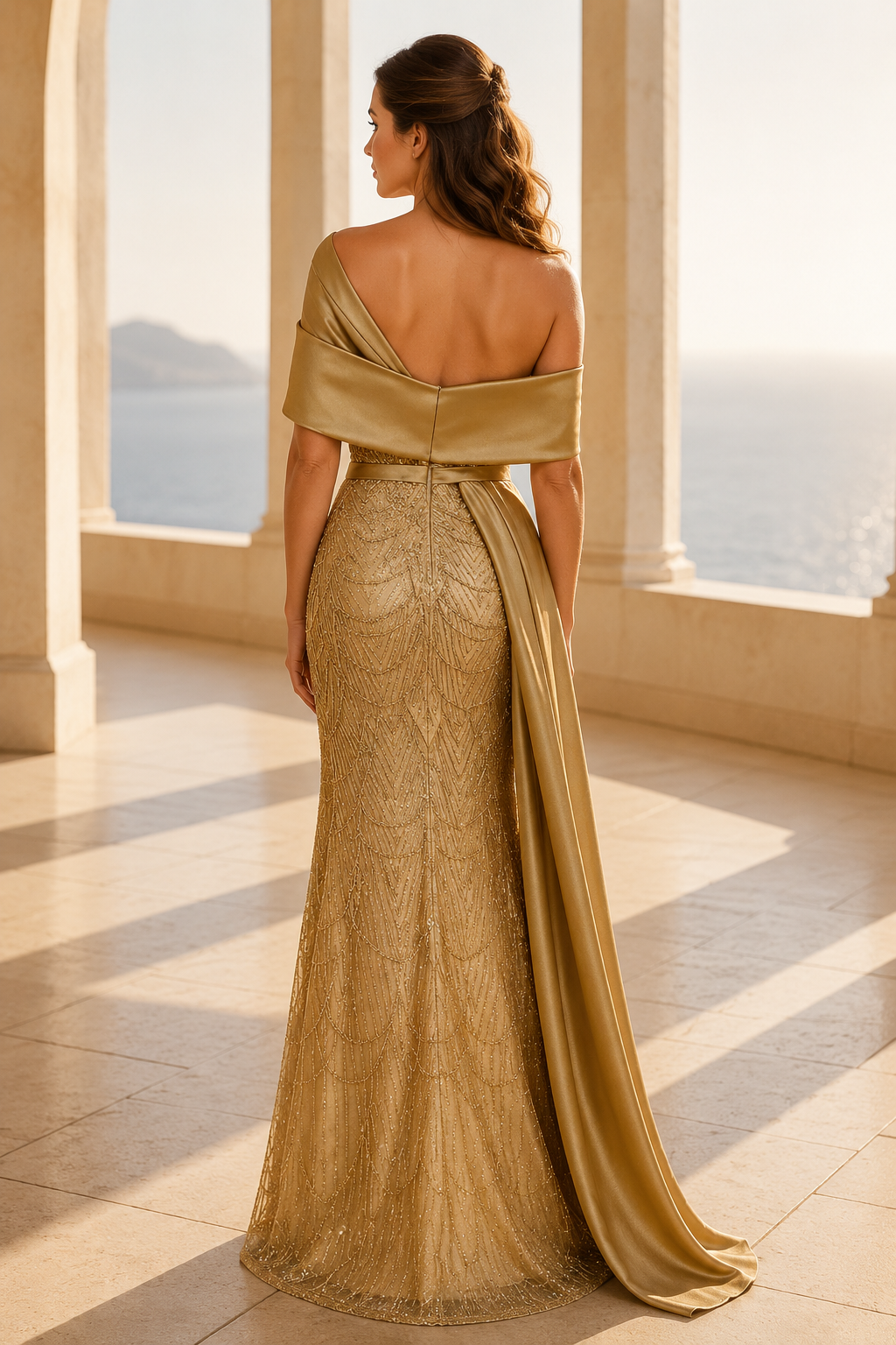 Off-Shoulder Meerjungfrauenkleid mit Paillettenmuster & Satindrapierung