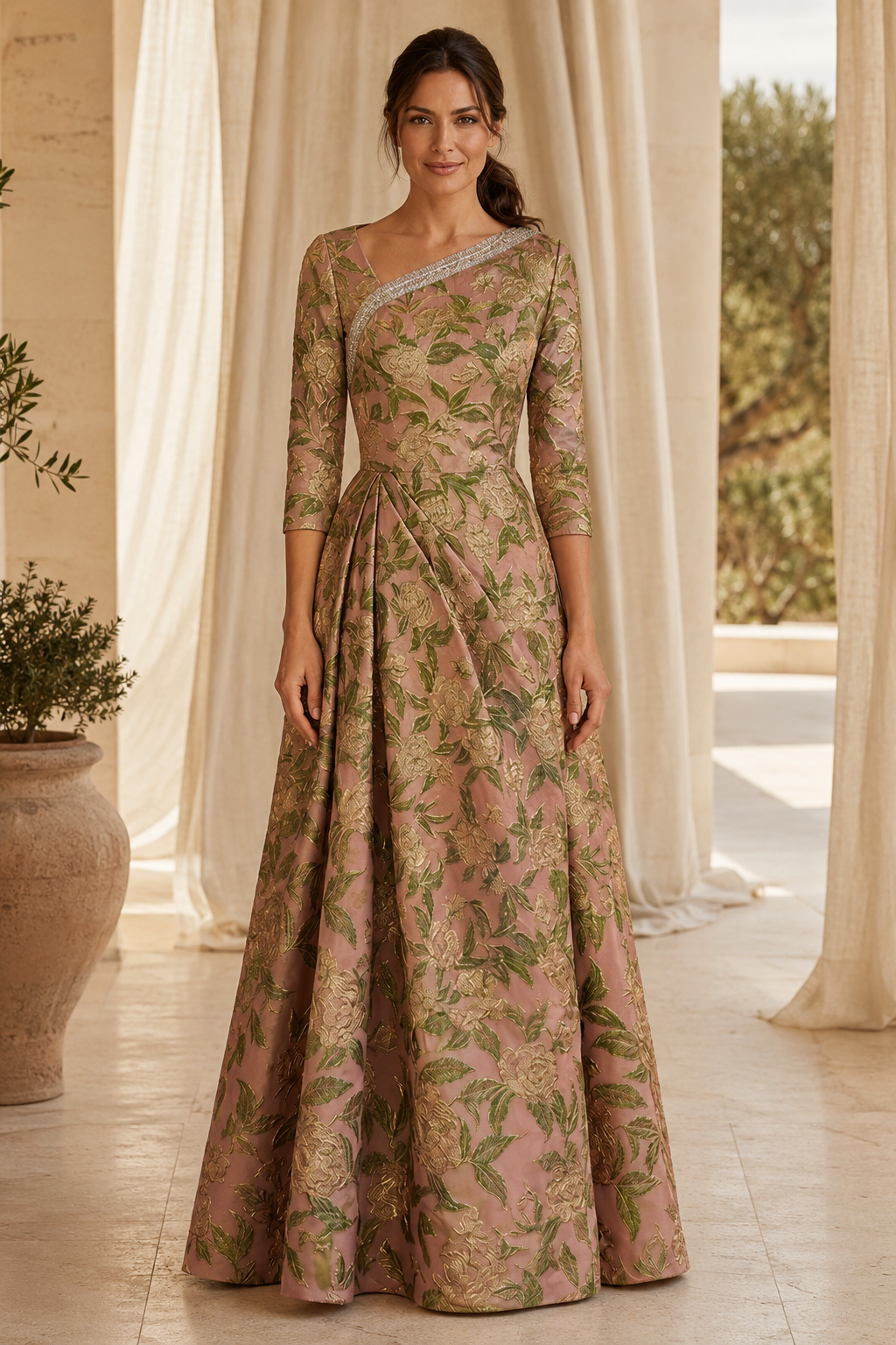 Blumen-Jacquard-Kleid mit asymmetrischem Perlenhalsausschnitt