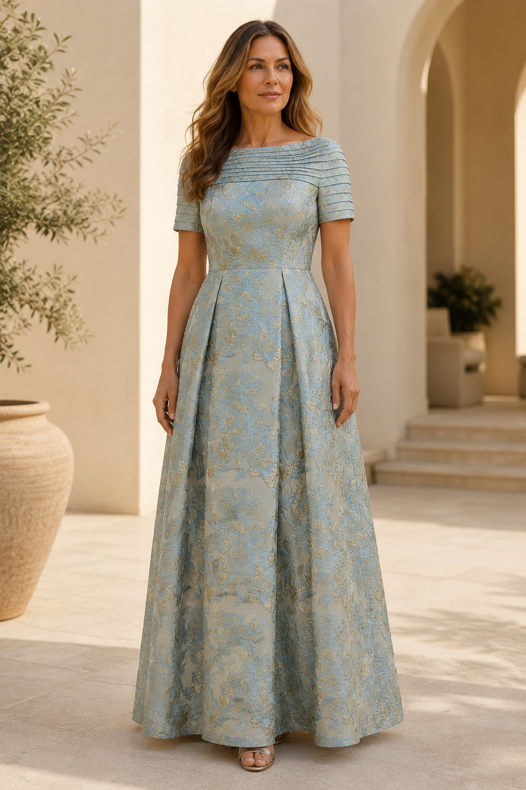 Plissiertes Abendkleid mit U-Boot-Ausschnitt aus Jacquard in A-Linie