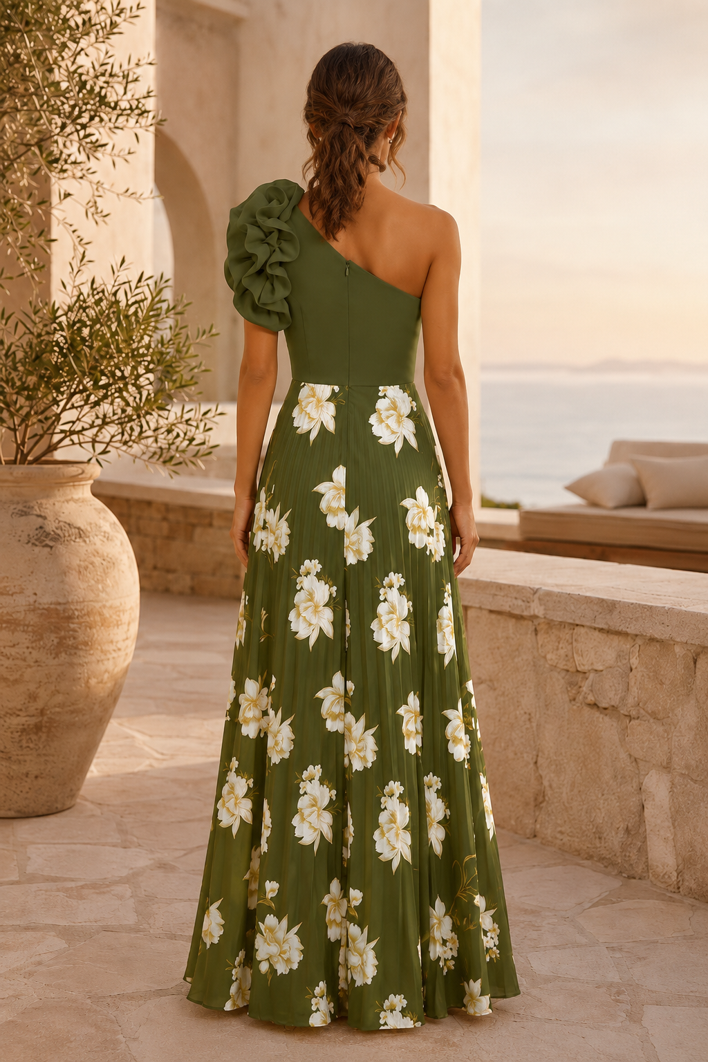 One Shoulder Rüschen Blumenmuster Plissiertes Maxikleid